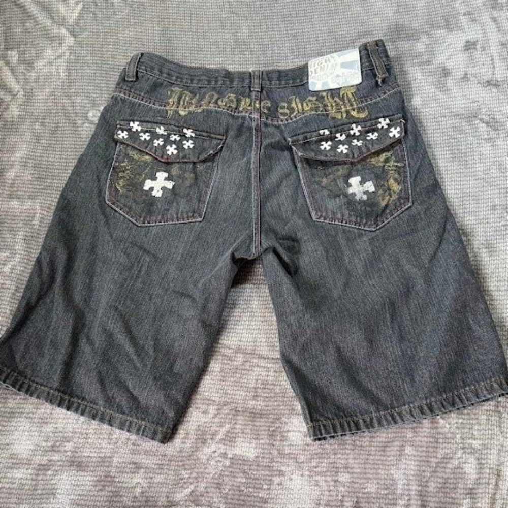 Jungle 8ight Mens Denim‎ Shorts 38X12 Gray Contrast Stitch Baggy Y2K Hip Hop